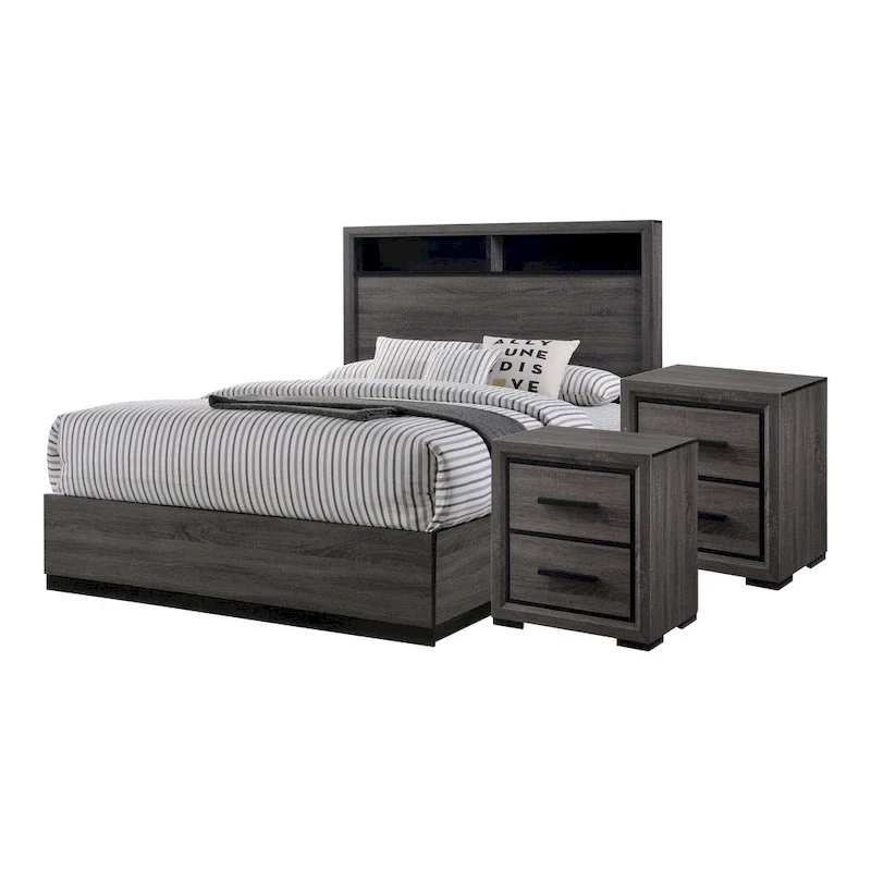 Rothwell Contemporary Grey Wood 3-Piece Panel Bedroom Set with Shelves by Furniture of America