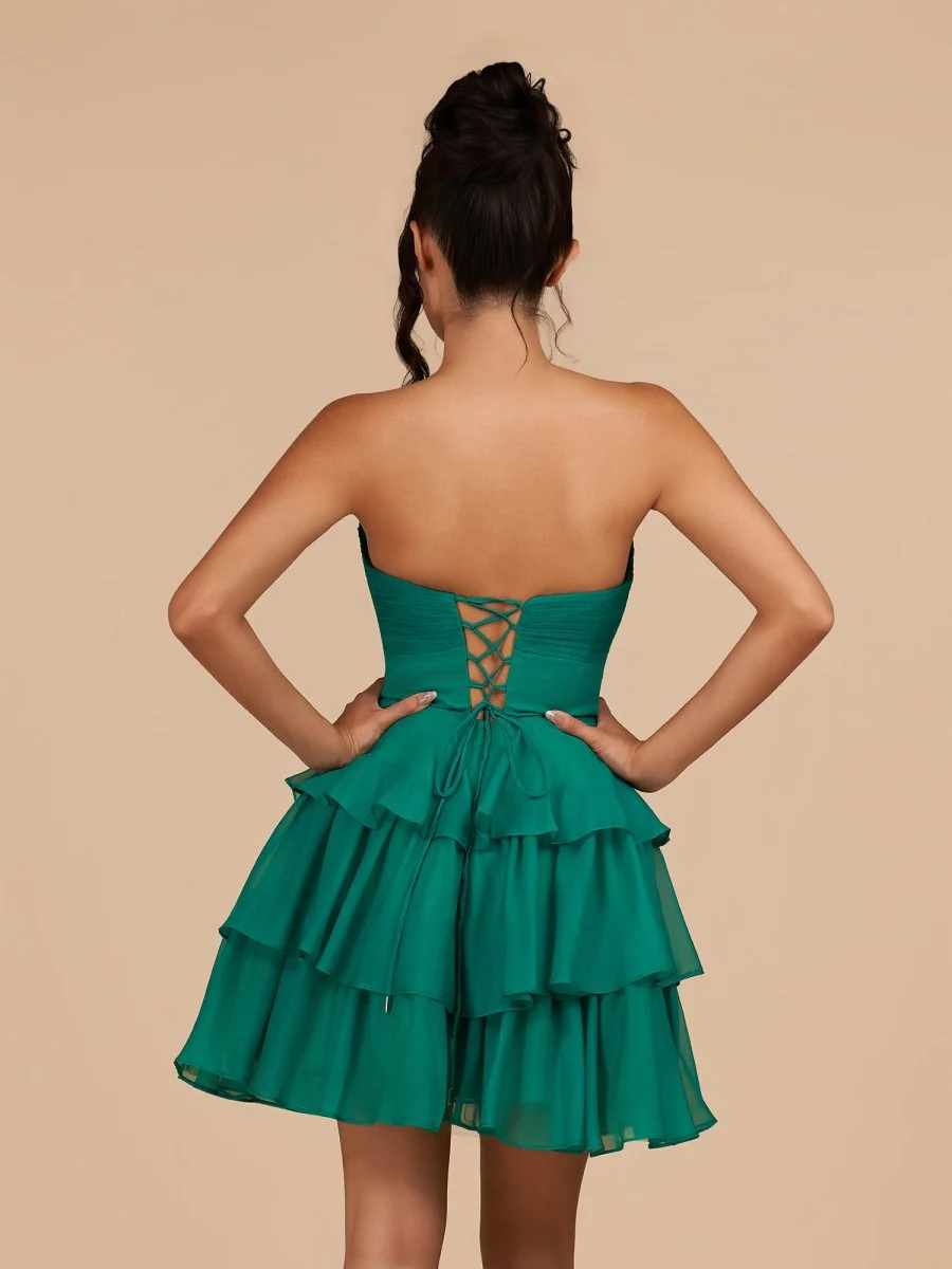 Green - Strapless A Line Chiffon Ruffles Homecoming Dresses With Flower