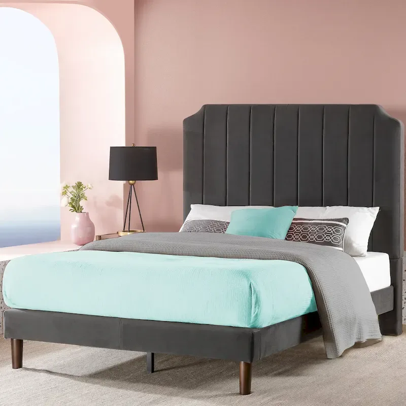 slate black Upholstered Platform Bed Frame
