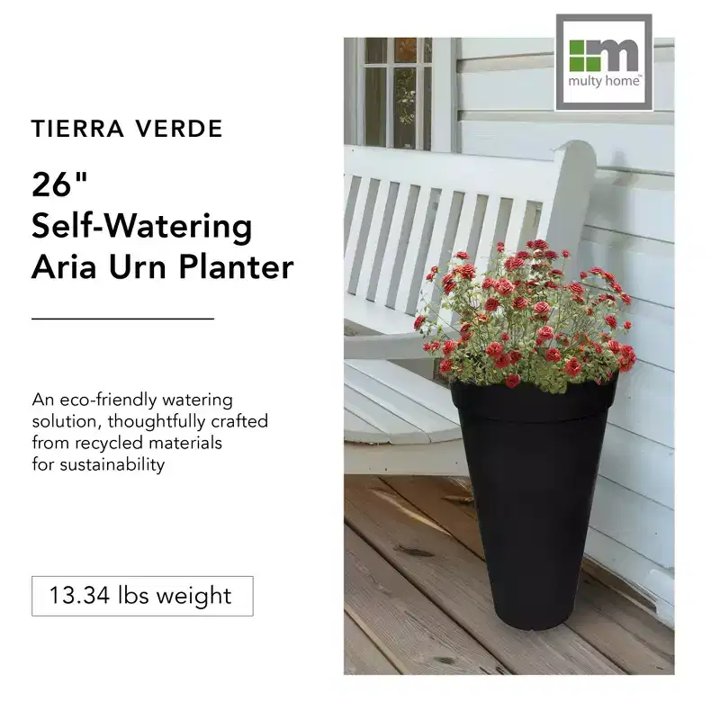 Tierra Verde Aria Indoor Outdoor Self Watering Tall Round Planter, Weatherproof for Patio, Garden, and Porch Use, 15 x 26, Black