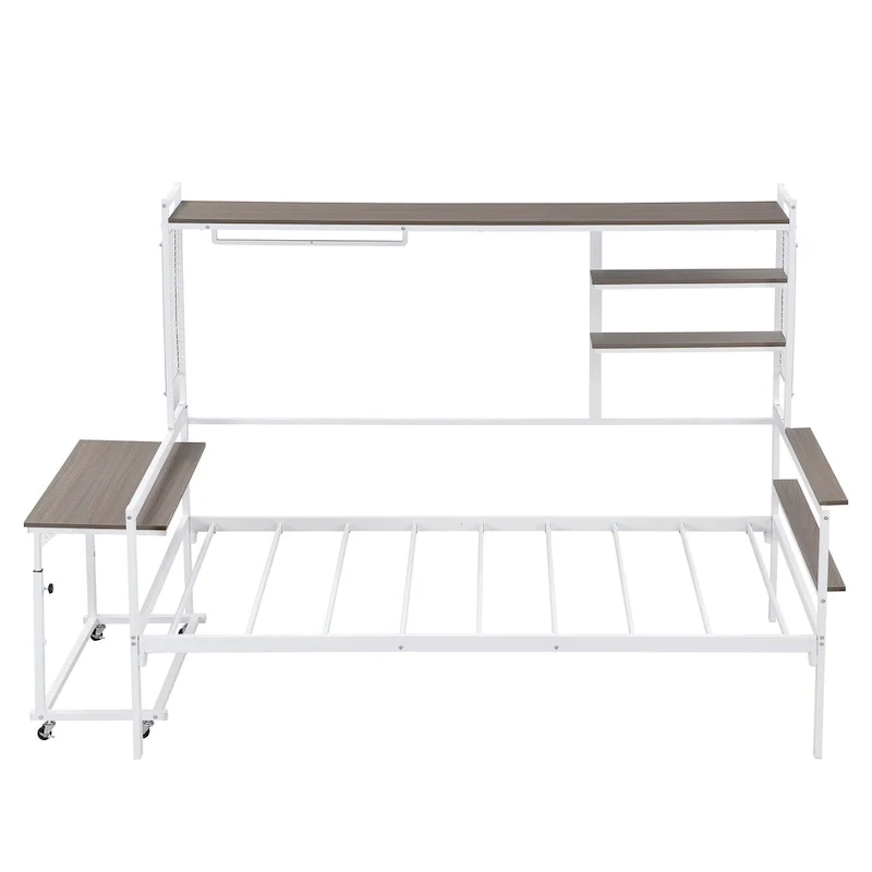 Versatile Daybed with Movable Desk, Metal Sofa Bed Frame with Metal Grid, Shelves and Clothes Hanger, No Box Spring Needed