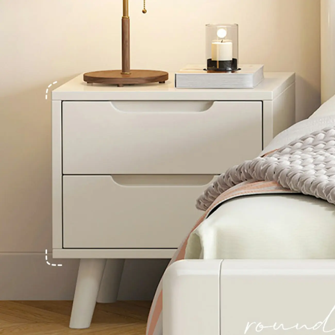 White Rubberwood 2 Drawers Narrow Nightstand with Legs