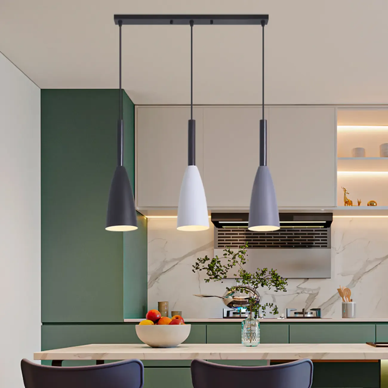 3-Light Modern Metal Cone Island Pendant Light for Kitchen
