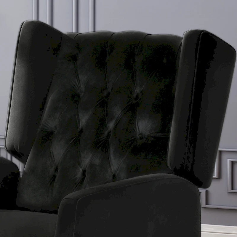 Black Velvet Mid-Century Wingback Push-Back Recliner with Footrest, Button-tufted Back