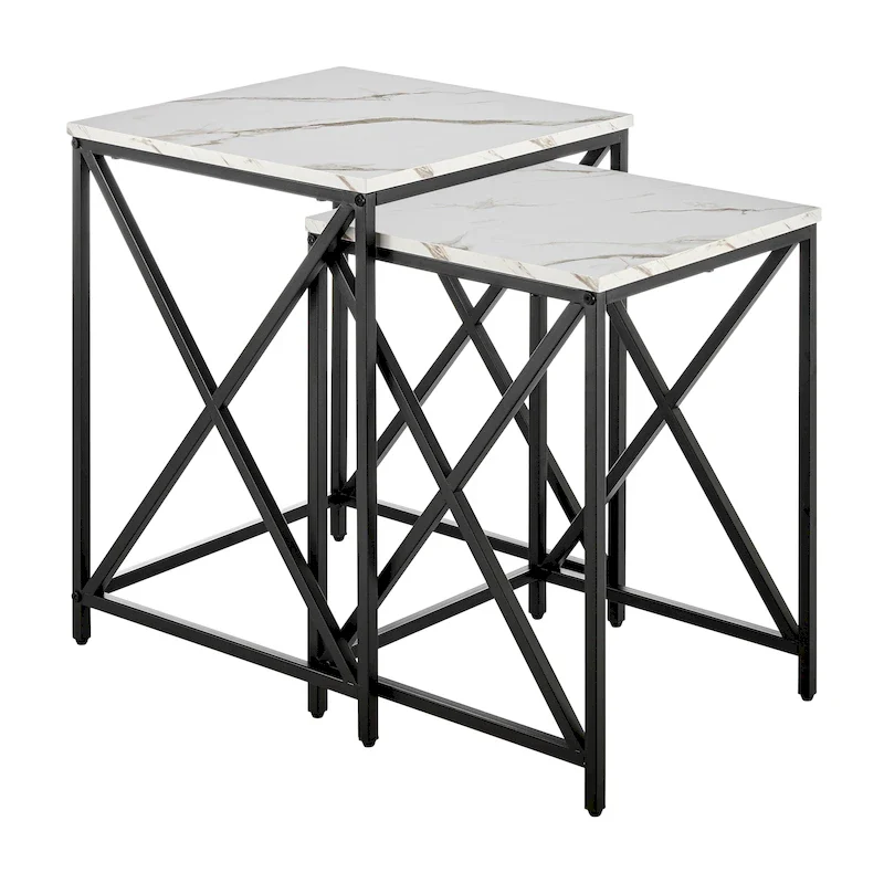 Modern Square Marble Finish Veneer Top Black Metal Frame Nesting End Tables - Set of 2