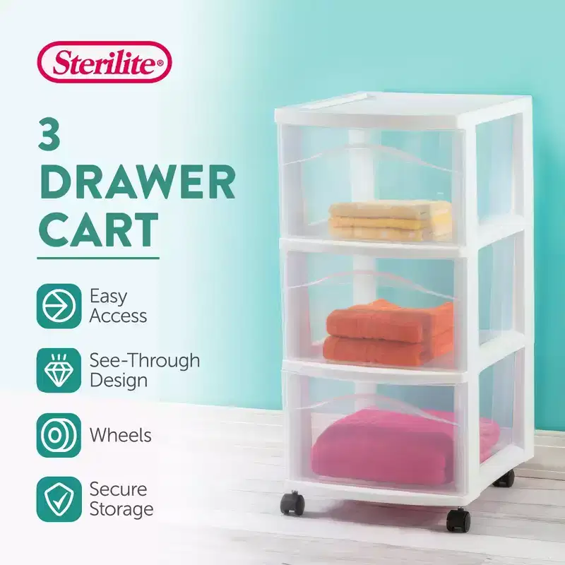 Sterilite 3 Drawer Storage Cart, Plastic Rolling Medium Organizer, White, 2 Pack