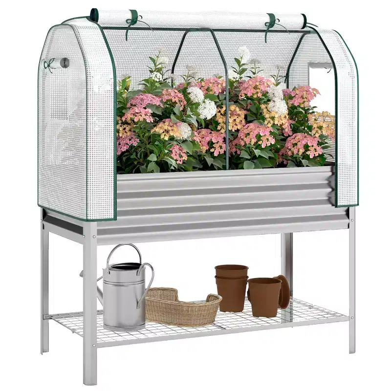 Outsunny Galvanised Raised Garden Bed with Greenhouse Cover, Metal Elevated Garden Bed with Bed Liner and Bottom Shelf