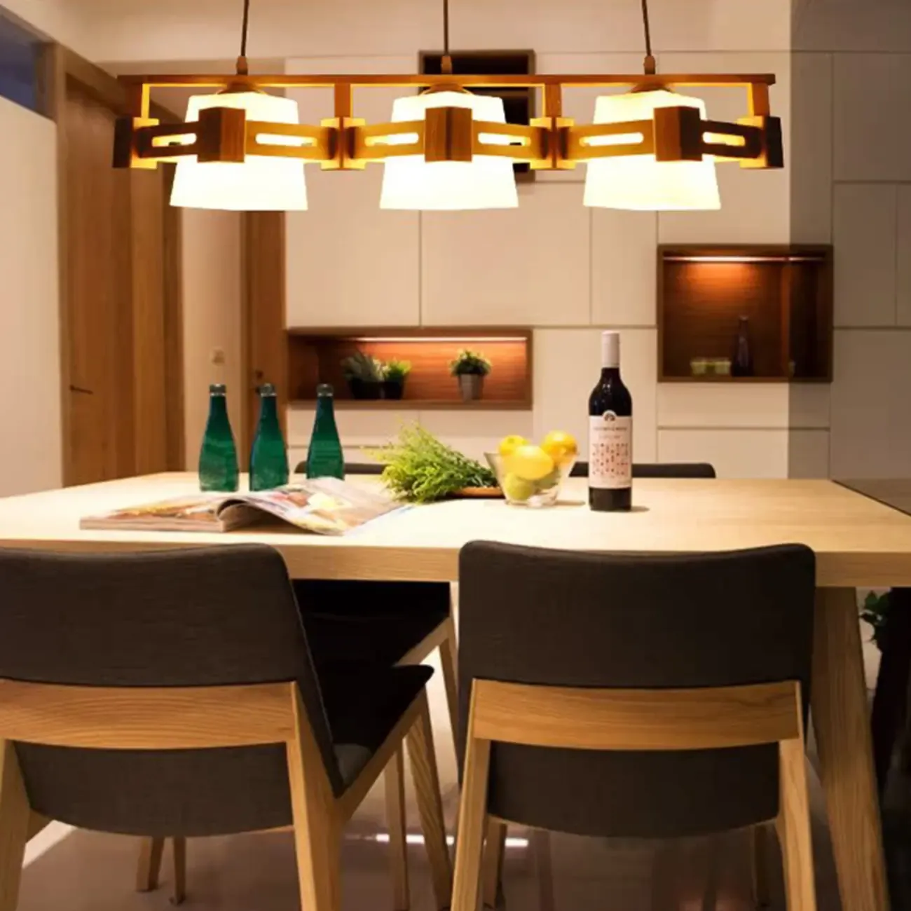 Adjustable Large Wood LED Island Pendant Light for Kitchen