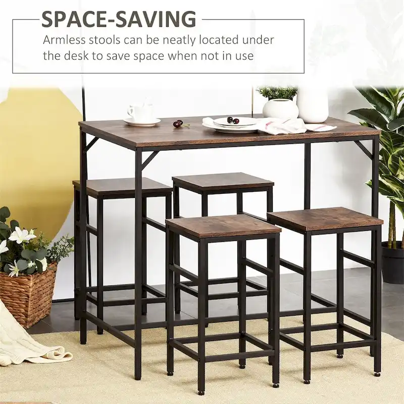 Wood Dining Table Set with Bar Table and 4 Stools Set(Set of 5)