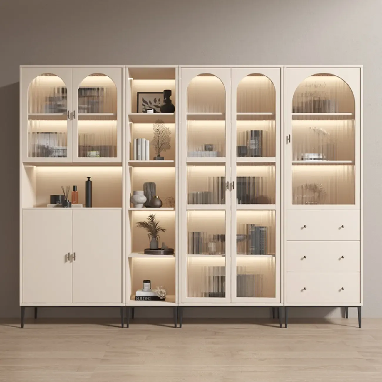 Vertical White Wood Multi-Storage Bookcase with Glass Doors