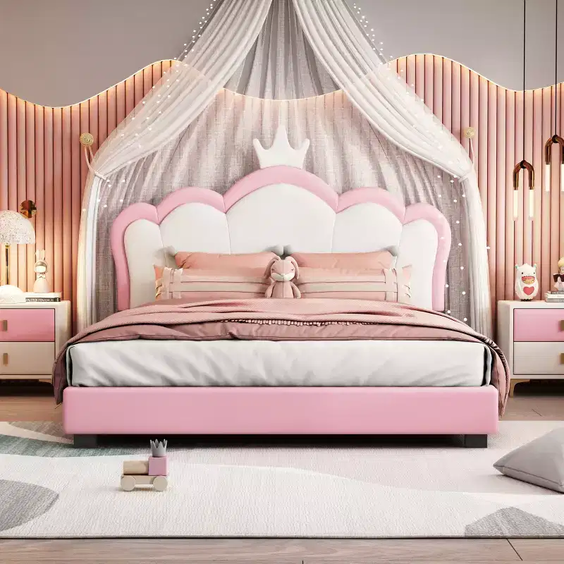 Full Upholstered Princess Bed with Crown Headboard, Platform Bed with Headboard and Footboard, Cream and Pink