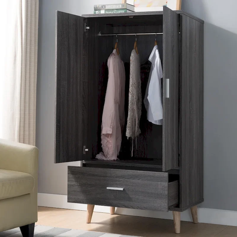 Mid-Century Modern Distressed Grey 1-Drawer Wardrobe Armoire