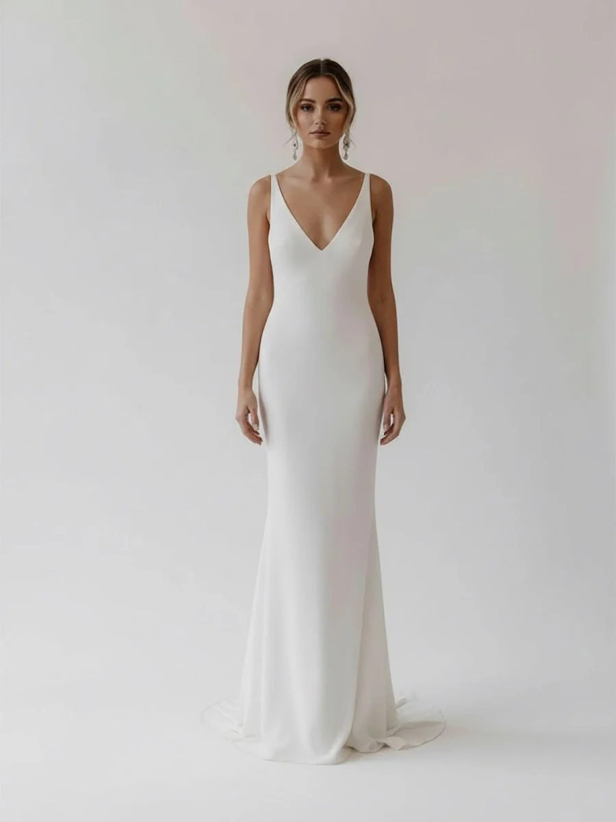 Mermaid Deep V-Neck Backless White Wedding Dress