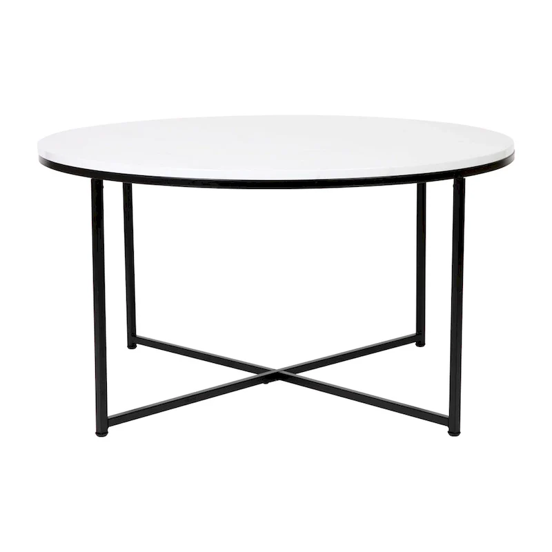White / Black / Marble / Walnut / Red & More Round Laminate Coffee Table with Cross Brace Frame – Contemporary Style, Living Room Use
