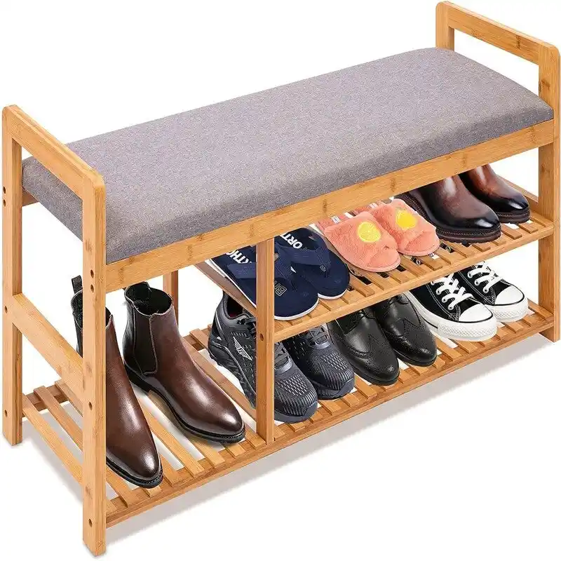 Natural Bamboo 2-in-1 Shoe Rack Bench with Linen Cushion Seat – 1-Seat