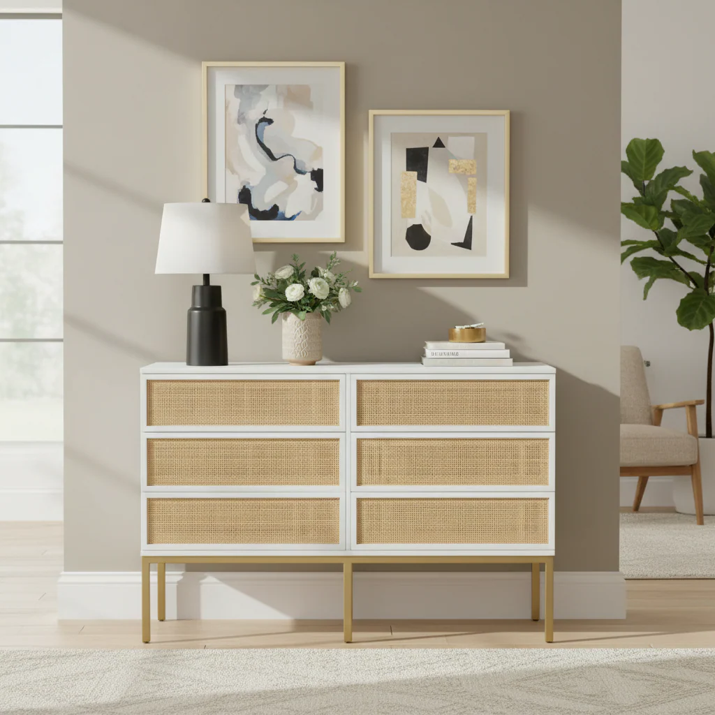 Black / White / Walnut / Natural 6-Drawer Rattan Dresser with Metal Frame – Single Unit