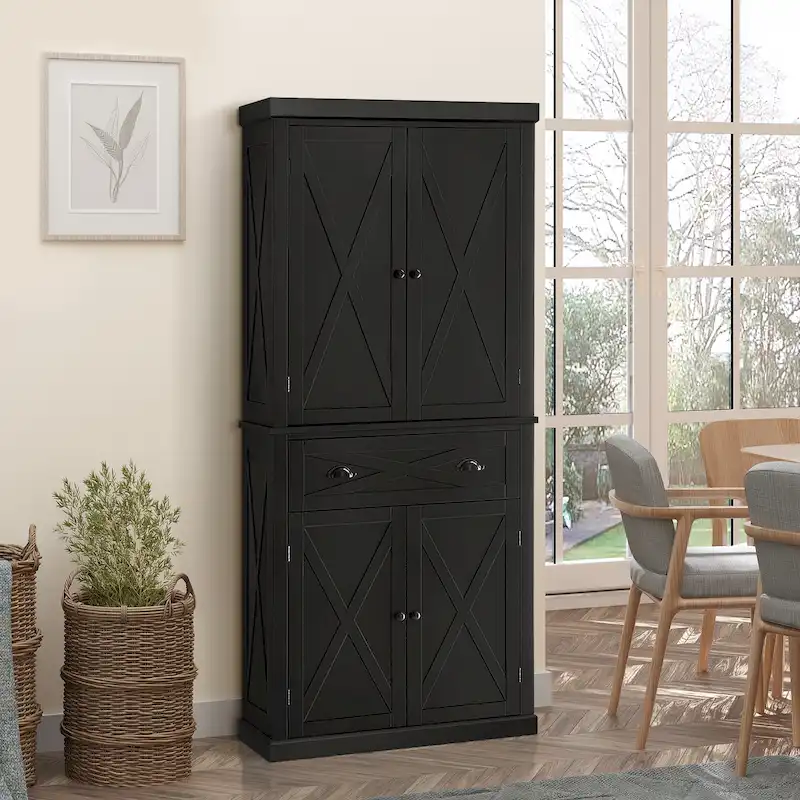 HOMCOM Freestanding Modern Farmhouse 4 Door Kitchen Pantry Cabinet, Storage Cabinet Organizer with 6-Tiers