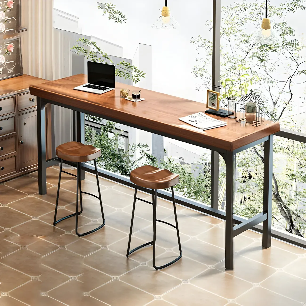 Modern Faux Wood Bar Table Set with Backless Stools