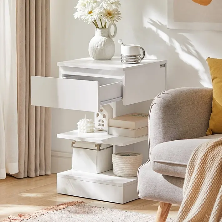 Haotian FBT49-W, Side Table Night Stand Bed Sofa Table With 1 Drawer And 2 Shelves