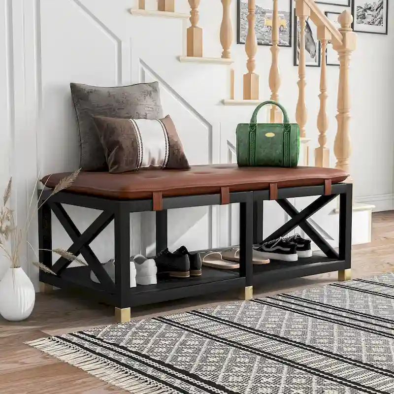 Transitional Wood Storage Bench with Removable Faux Leather Cushions by Furniture of America