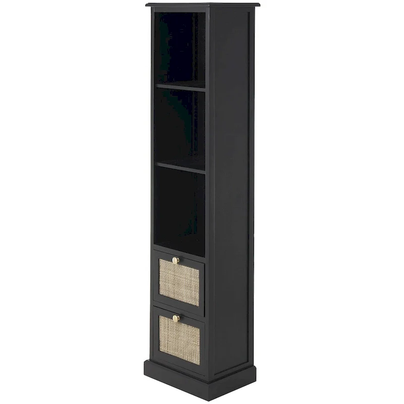 Black Wood Cabinet with 3 Shelves & 2 Rattan-Front Drawers, Pine & MDF, 14x11x58 in