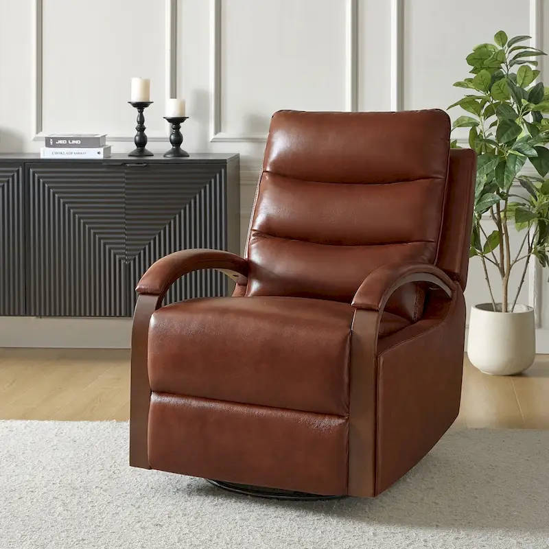 Leopold Modern Genuine Leather Swivel Rocking Manual Recliner Chair with Wooden Arm Accents by HULALA HOME