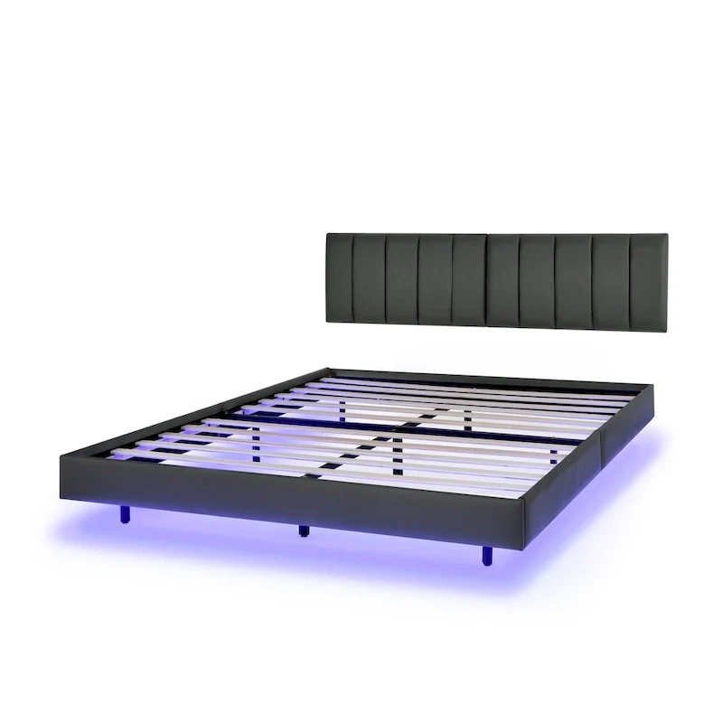 Floating Bed Frame With Led Lights And Wall Mounted Headboard
