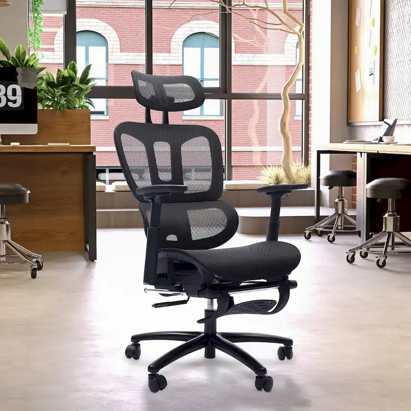 Black High-Back Mesh Ergonomic Office Chair with Footrest & 4D Armrests, 1-Person