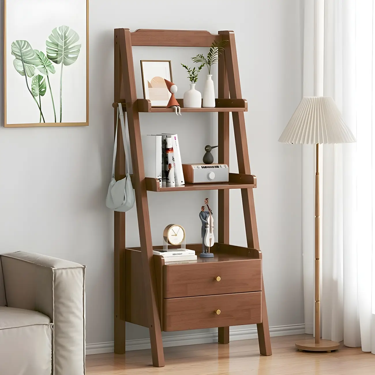3-Tier Nut-Brown Wood Ladder Open Bookcase with Drawers