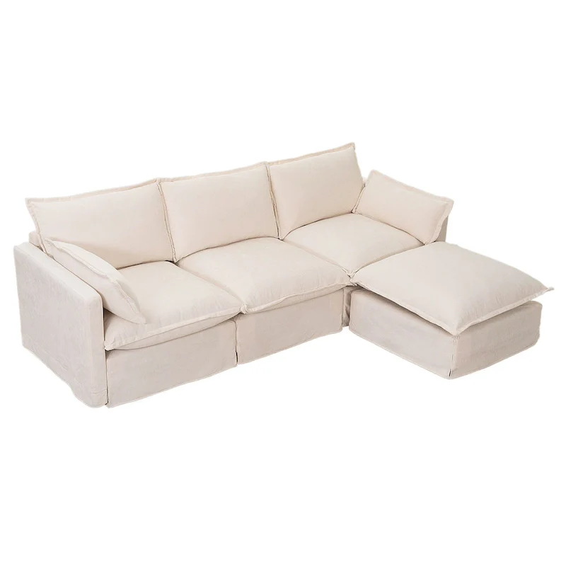 93.31  Faux Linen Modular Sectional Sofa with Movable Ottoman, Solid Wood Frame, and High-Resilience Foam Cushions
