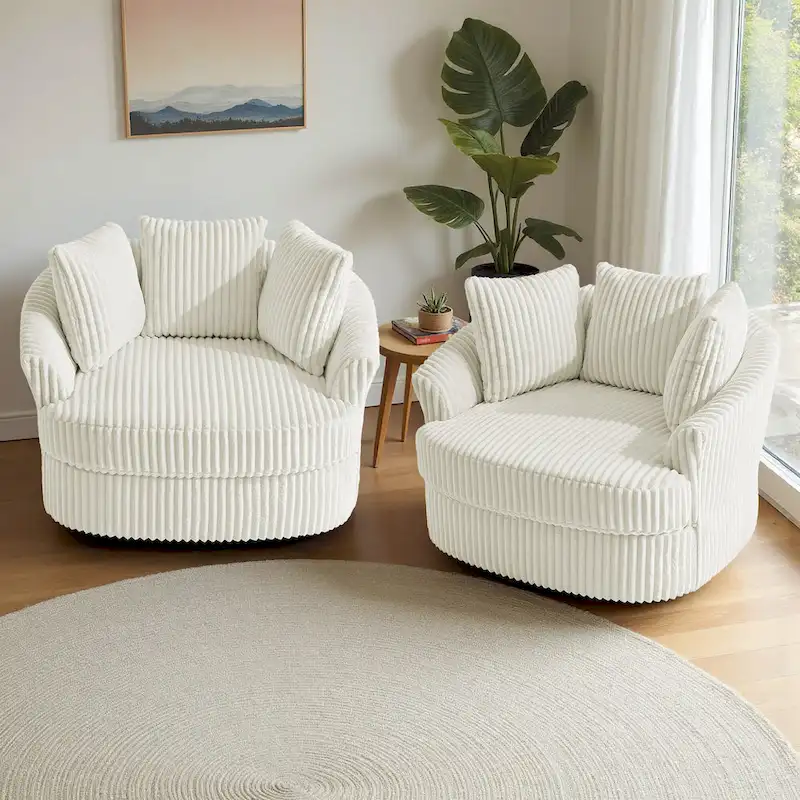 2 Set Oversized 43  W Plush Corduroy Swivel Barrel Chair with Pillows