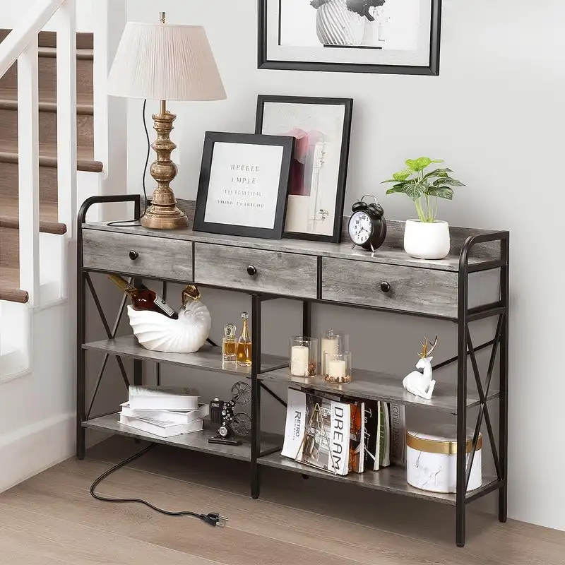 Narrow Console Table with 3 Drawers and Charging Station