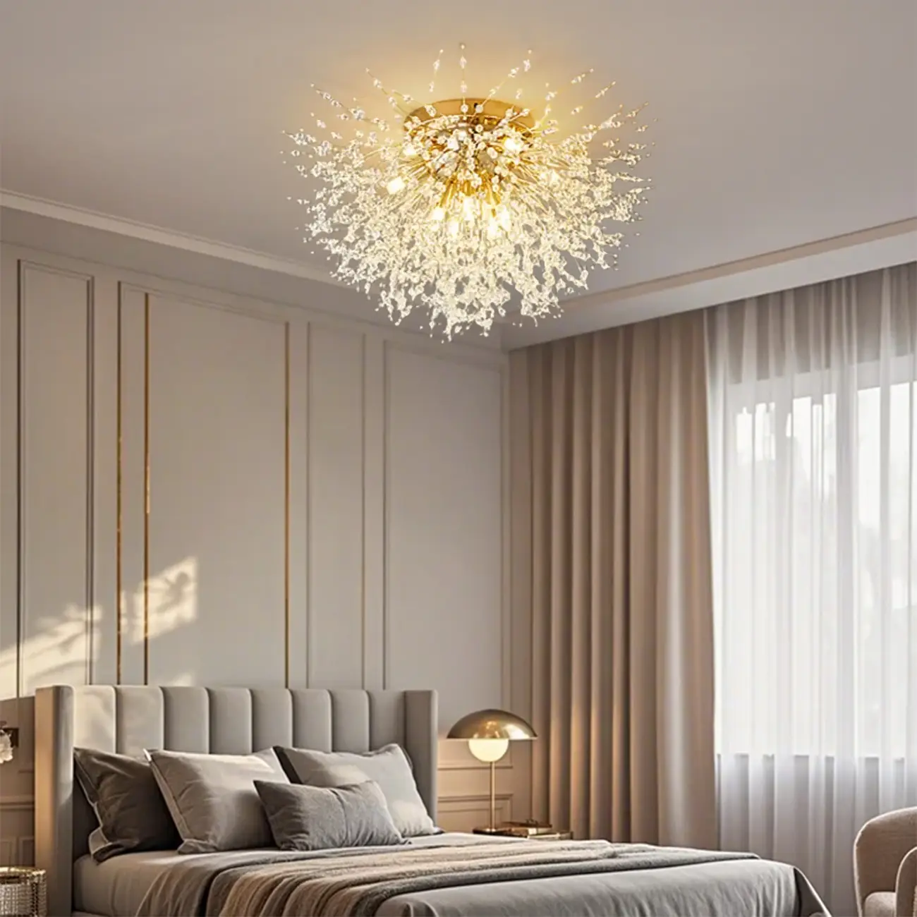 Glamorous Crystal Starburst Gold Semi Flush Ceiling Light