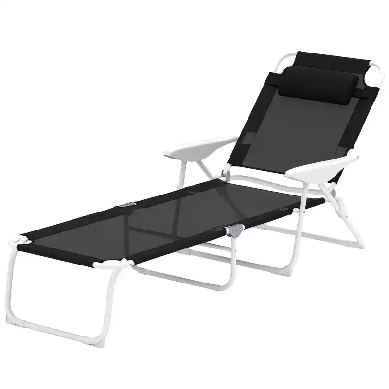 Folding Chaise Lounge, Outdoor Sun Tanning Chair, 4-Position Reclining Back, Armrests, Removable Pillow