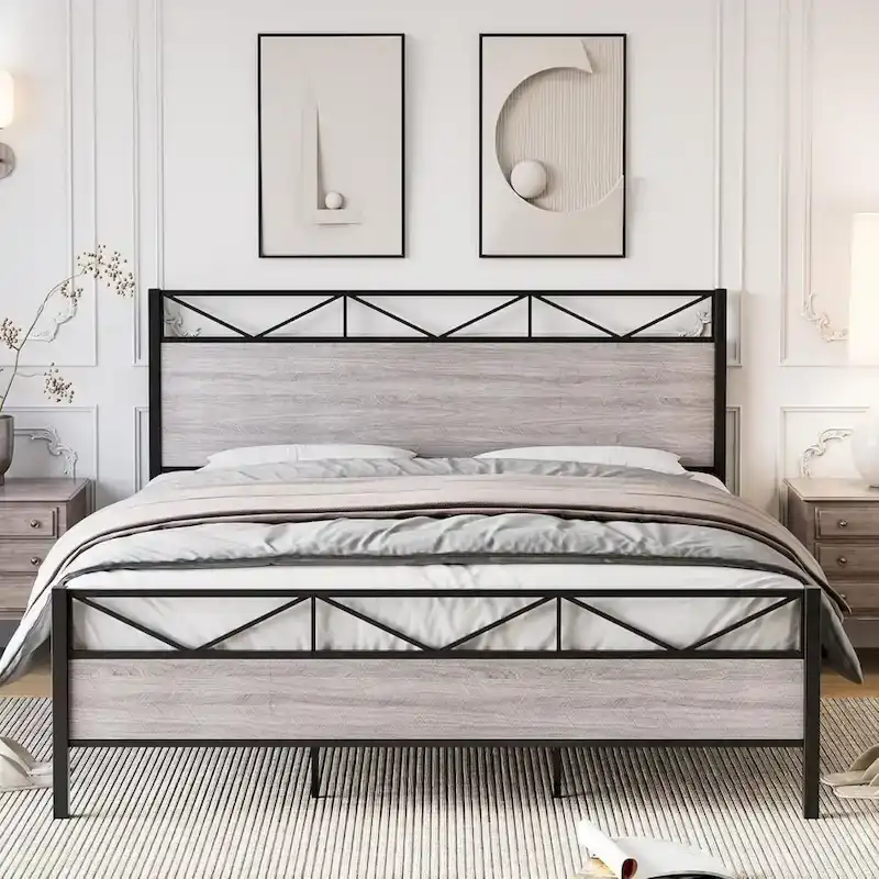 Brown / Light Grey Industrial Platform Bed Frame with Headboard, 1–2 Person, Full / Queen / King