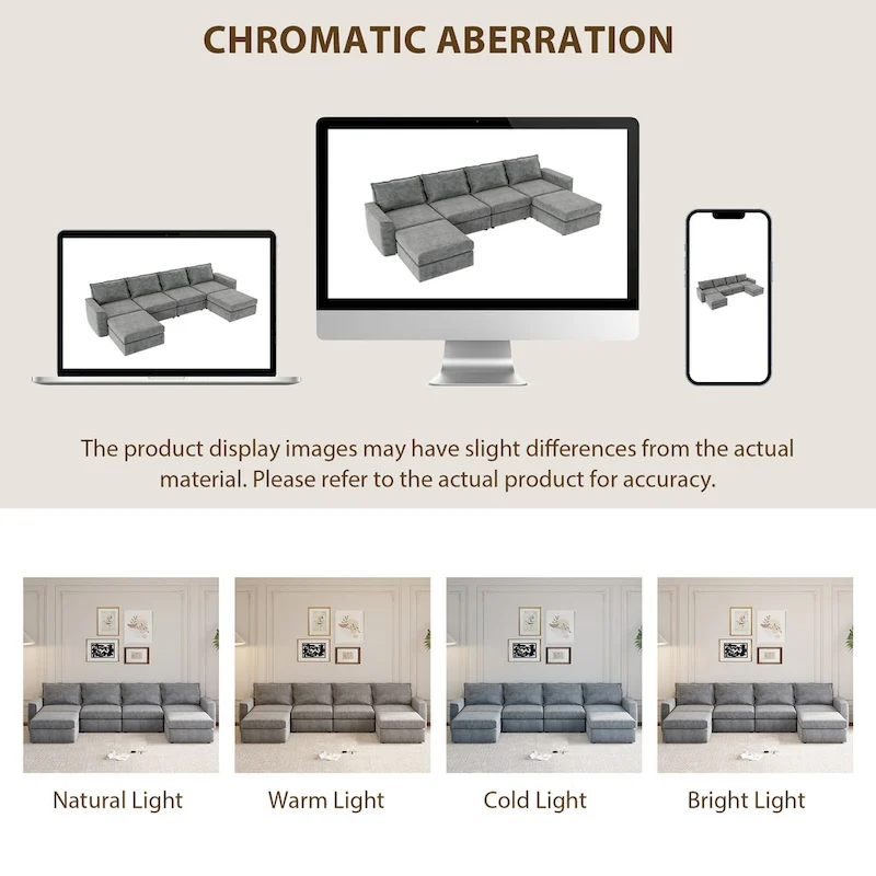 Grey 115 Convertible U-Shaped 6-Seat Modular Sectional Sofa with Ottoman, Customizable Fabric, and Tilting Armrests