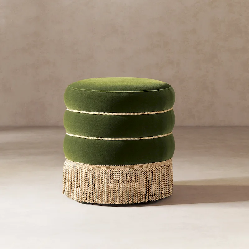 Edward 17.5 Round Upholstered Ottoman with Gold Bullion Fringe