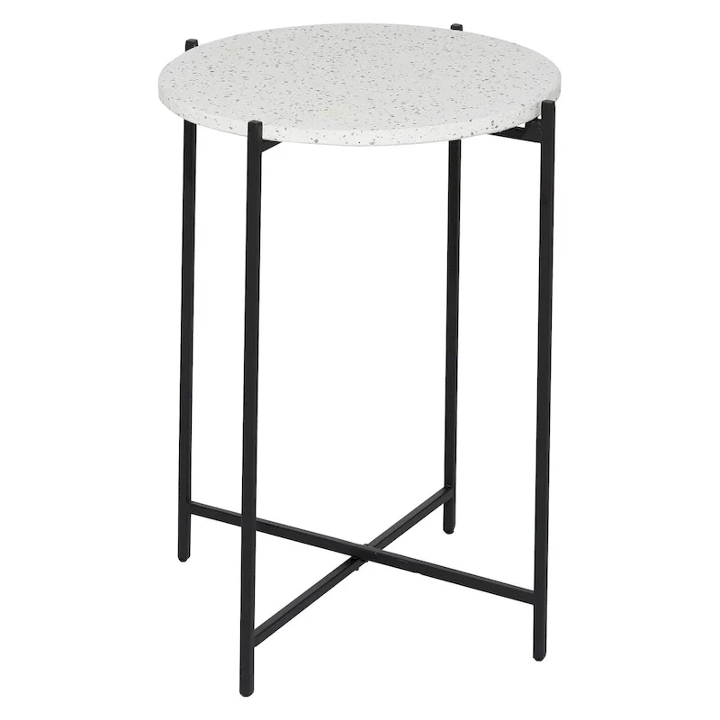White Terrazzo Round Side Table with Black Metal Legs
