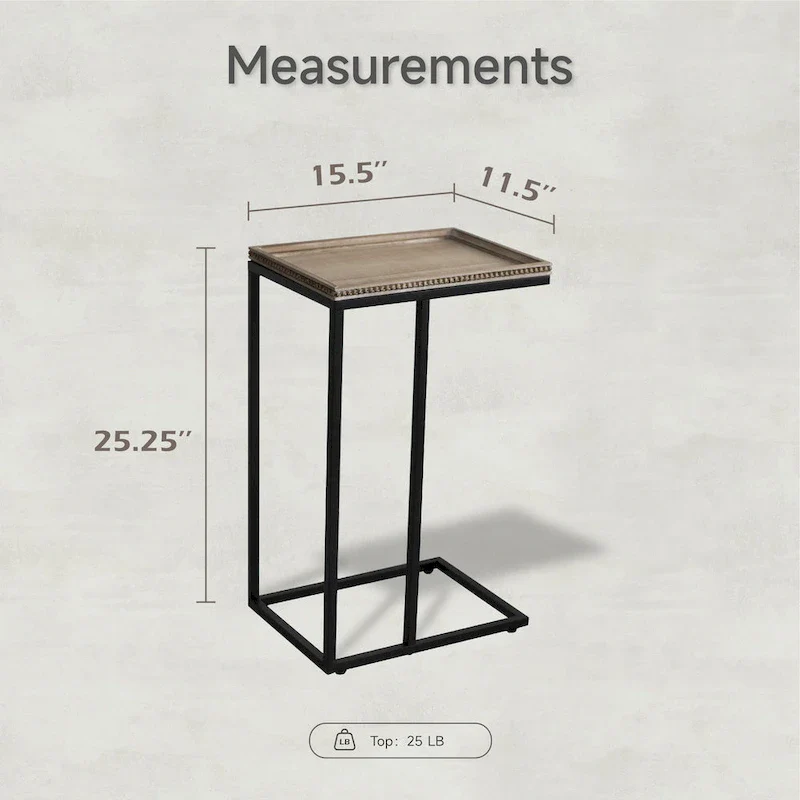 Distressed Wood C-Shaped End Table with Metal Base