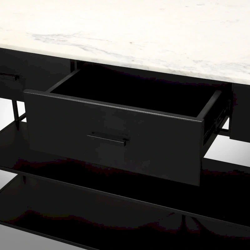 White Marble Kitchen Island with Black Metal Frame - 3 Drawers