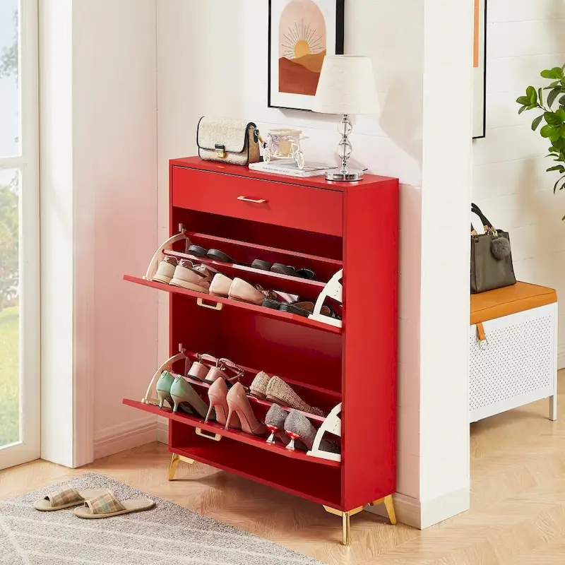 Wood Modern Shoe Cabinet with Flip-Top Drawers