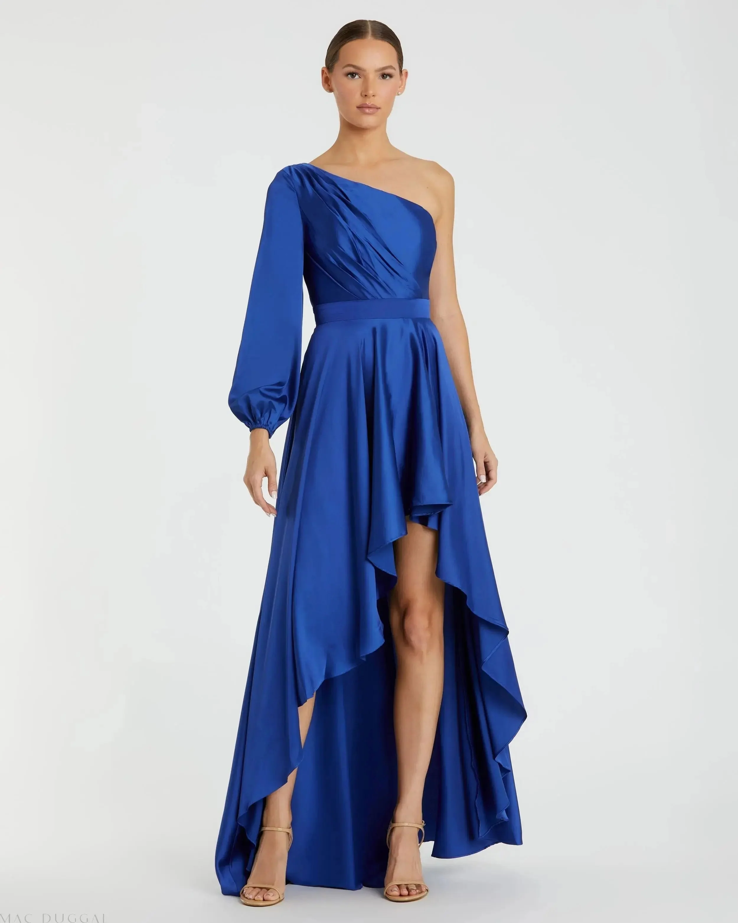 Dark Blue Long Sleeve One Shoulder Satin High Low A-line Gown