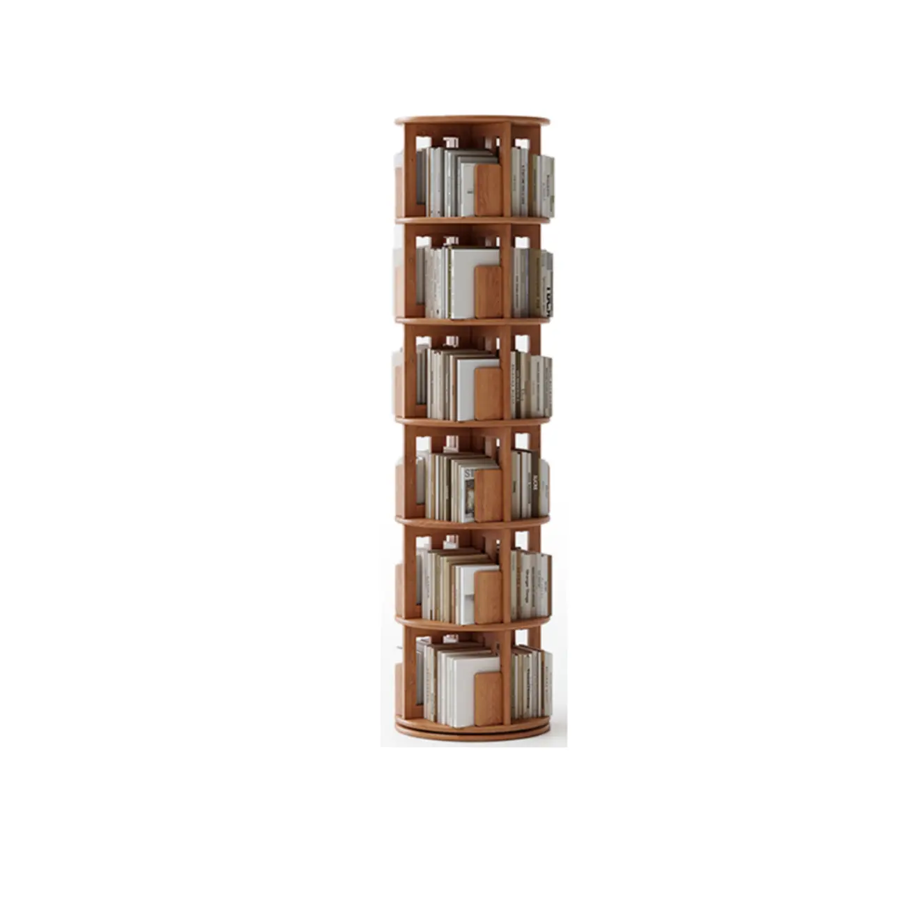 Narrow Cherry Wood Vertical 6 Shelf Rotating Bookshelf