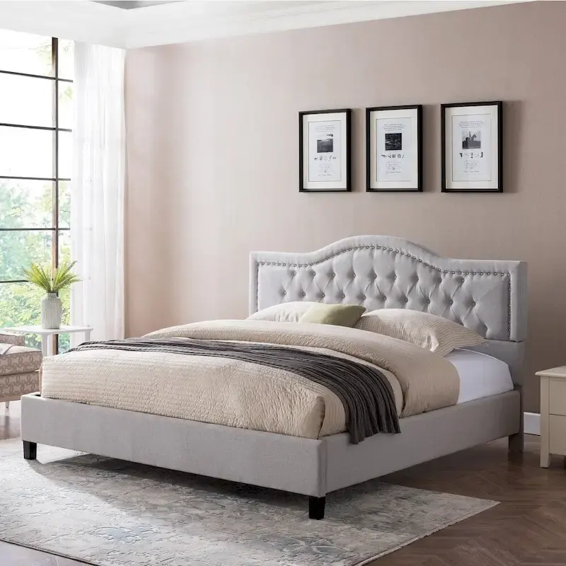 Light Gray / Dark Gray Traditional King Upholstered Bed Frame - Fits 2 People