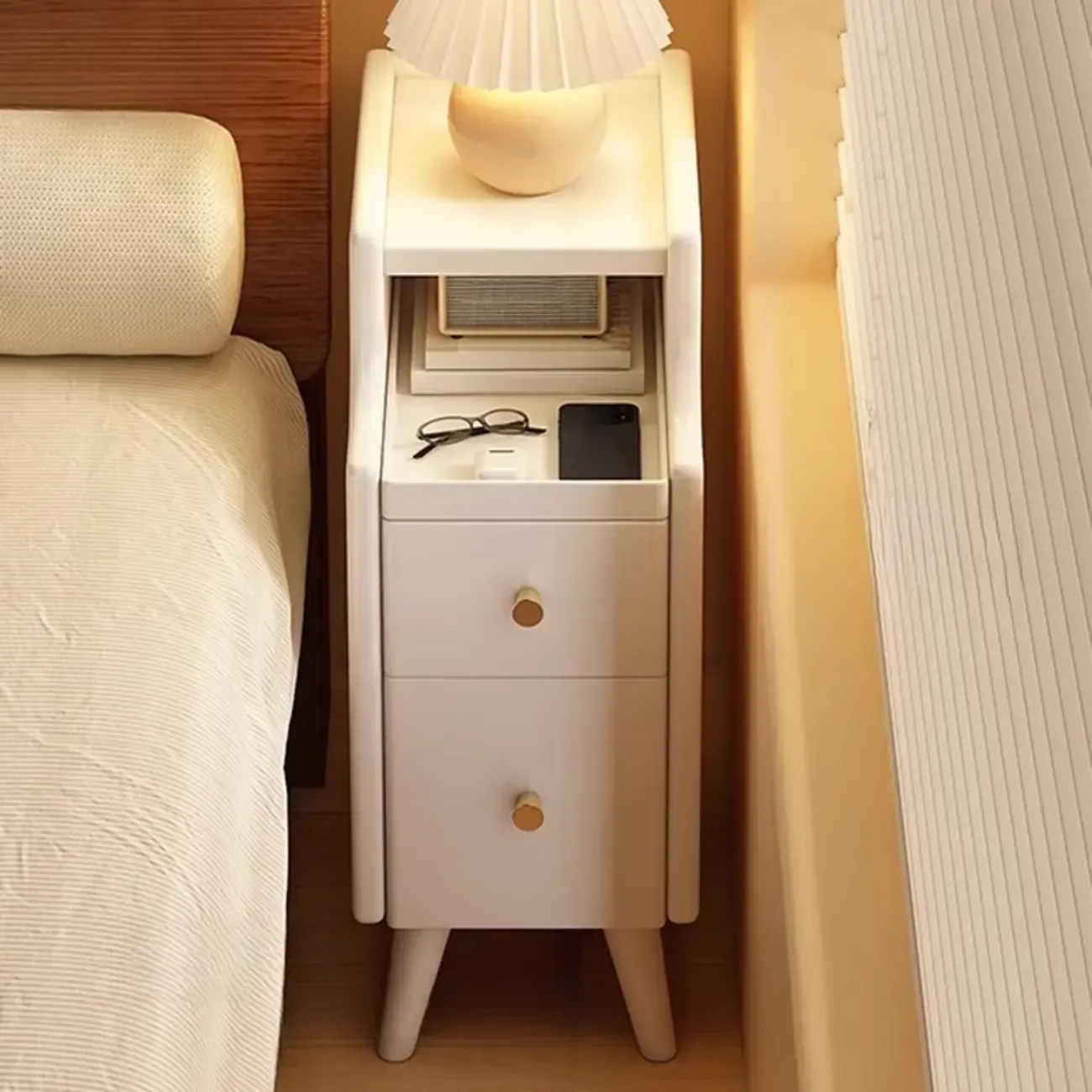 Narrow White Wood 2 Shelves Nightstand