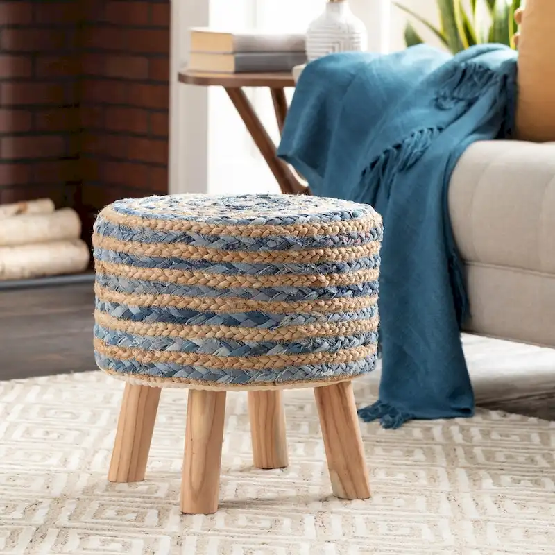 Bohemian Jute and Wood Round Foot Stool
