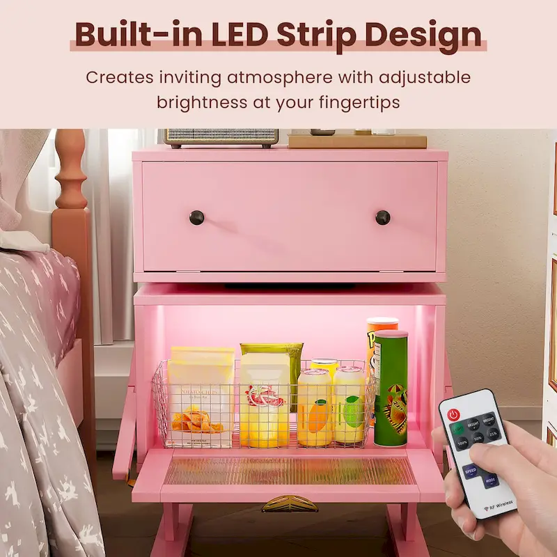 Nightstand with Rotating Drawer and LED Light Strip