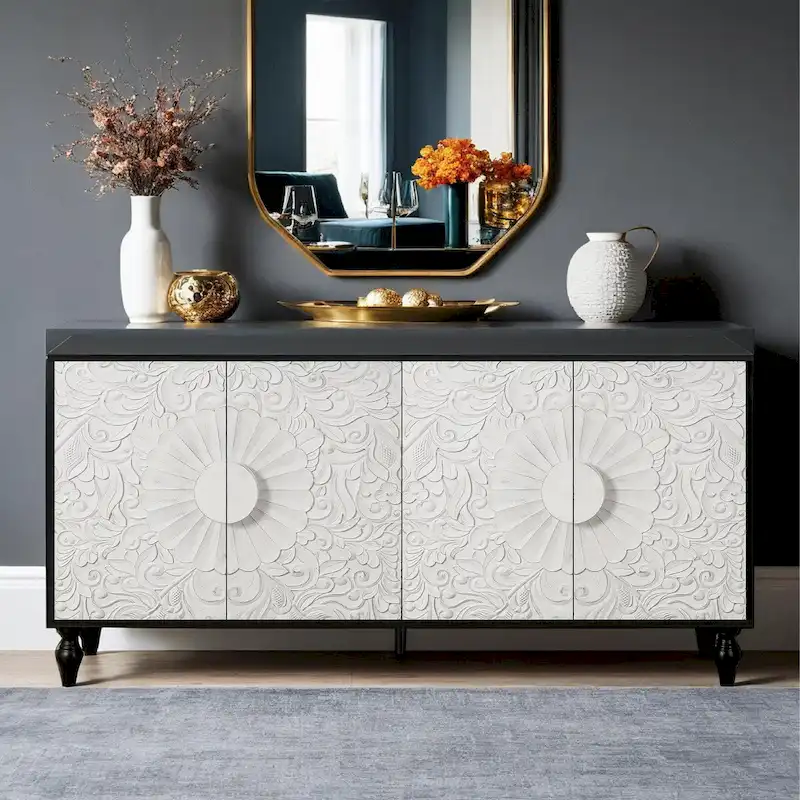 Carved Symmetrical Design Door And Wood Coloured Frame For TV Stand Table,Living Room ,Entryway