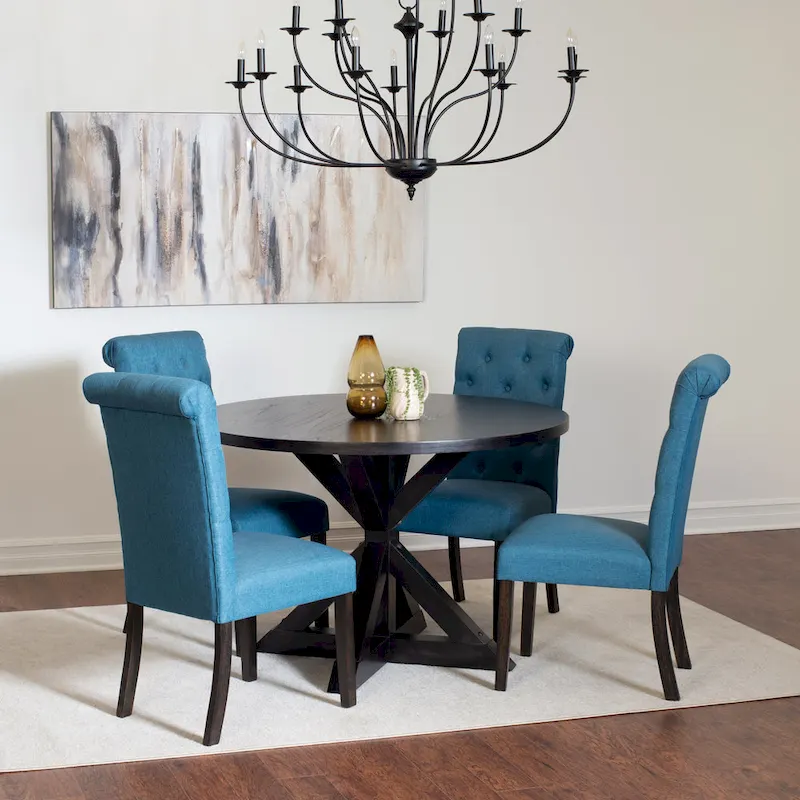 Modern Style 5-Piece Dining Set with Cross Base Round Table and 4 Button Tufted Linen Upholstered Chairs