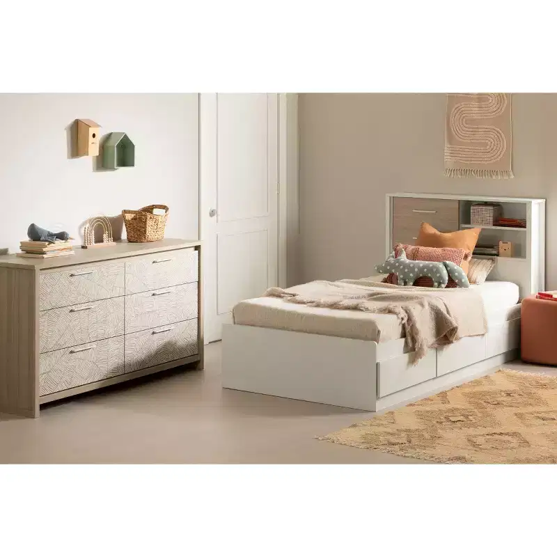 South Shore Double Dresser Soft Elm/White: 6-Drawer Horizontal Dresser, Anti-Tip Hardware, Laminated Finish, 58.5" Width